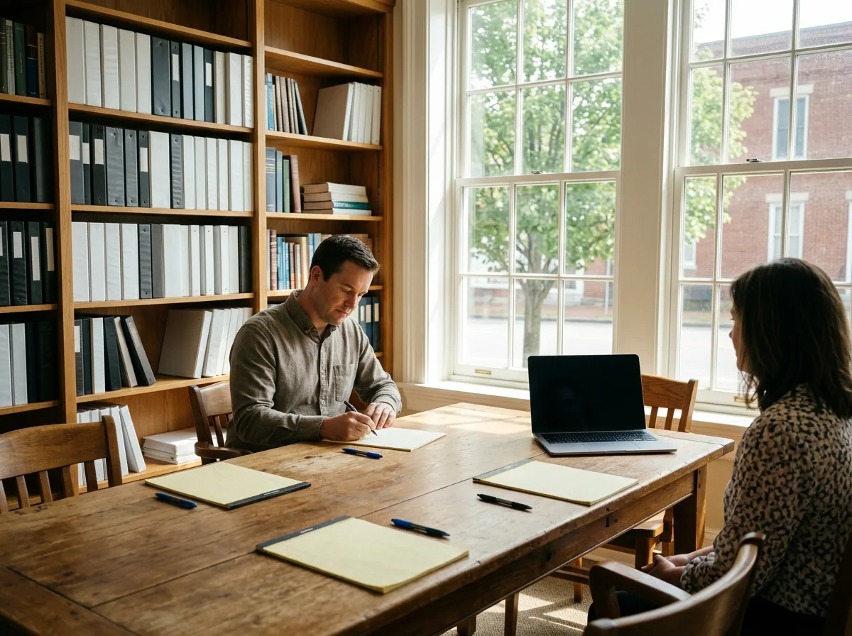 Two people working at a wooden conference table with legal pads and a laptop, binders on the shelves behind, sun through tall windows.
