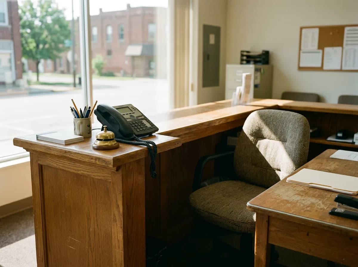 A desk phone and a small counter bell on an empty front counter, the chair behind it pushed back, sun through the front window.