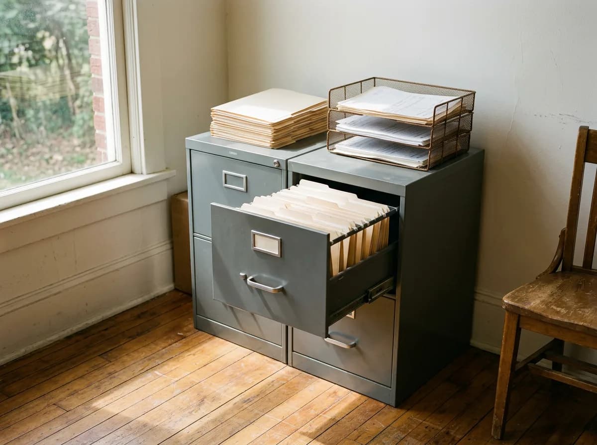 A steel filing cabinet with a drawer open on neat manila folders, a stack of folders and a full in-tray on top, morning sun on a wooden floor.