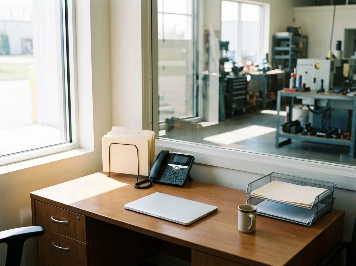 A sales desk in a small manufacturing office, a desk phone and plain folders beside a closed laptop, the shop floor bright through the window behind.