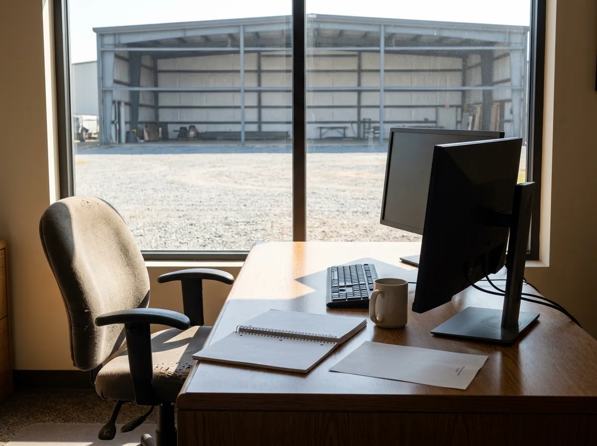 A sunlit office desk with two monitors turned away, a notebook and a face-down sheet beside the keyboard, and the chair pushed back.